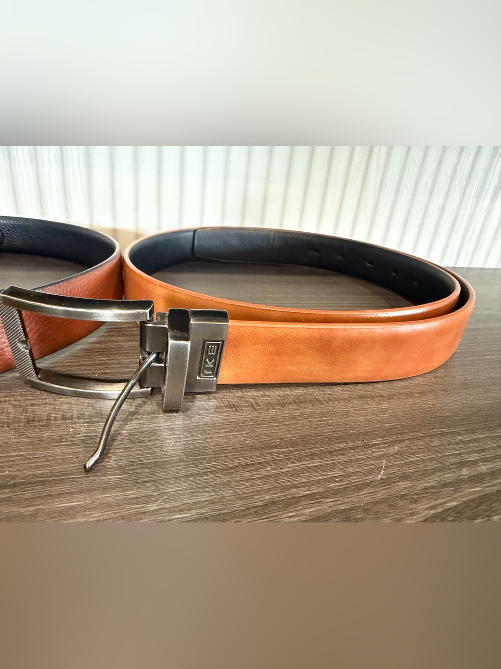 Men's Reversible Tan and Black Leather Belt with Brushed Metal Buckle